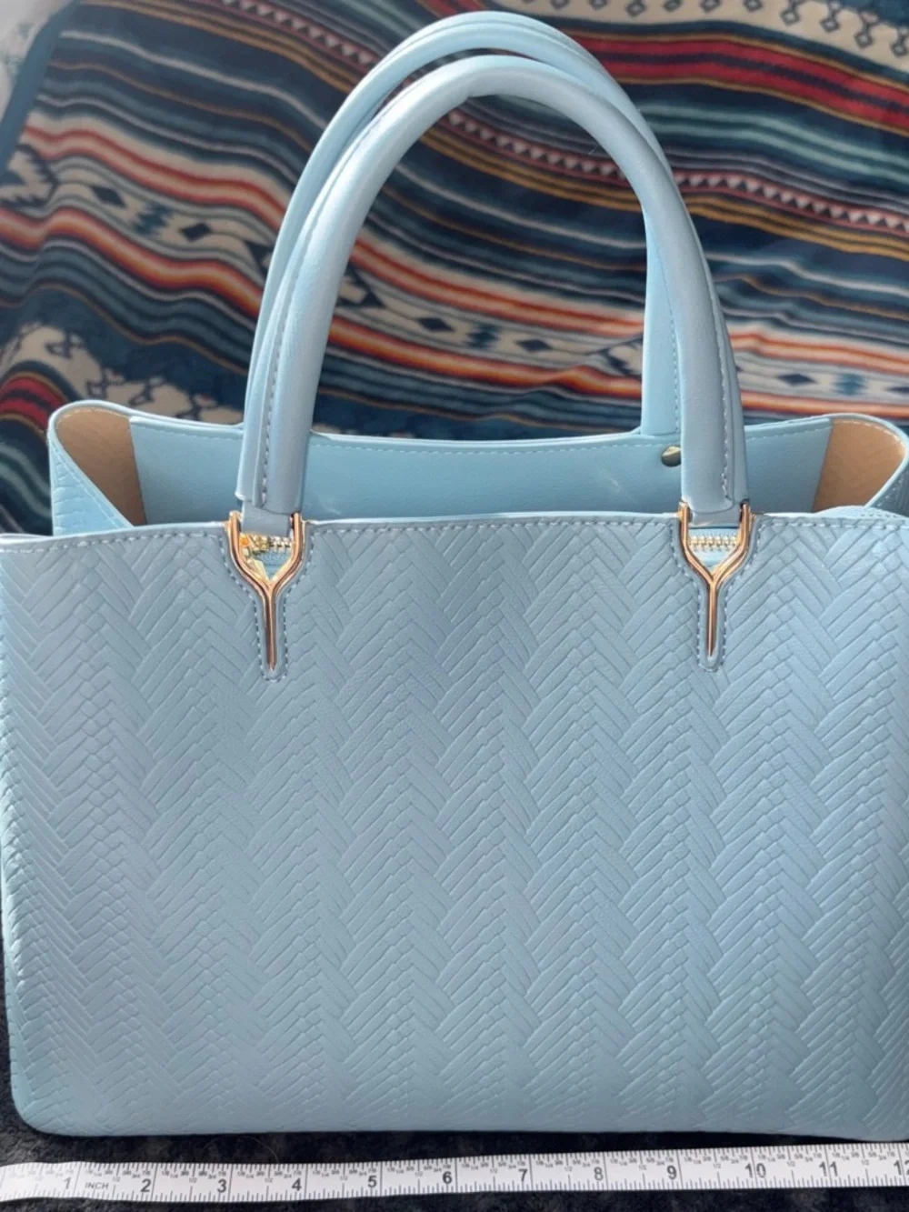 Elegant Light Blue Woven-Texture Satchel with Removable Strap